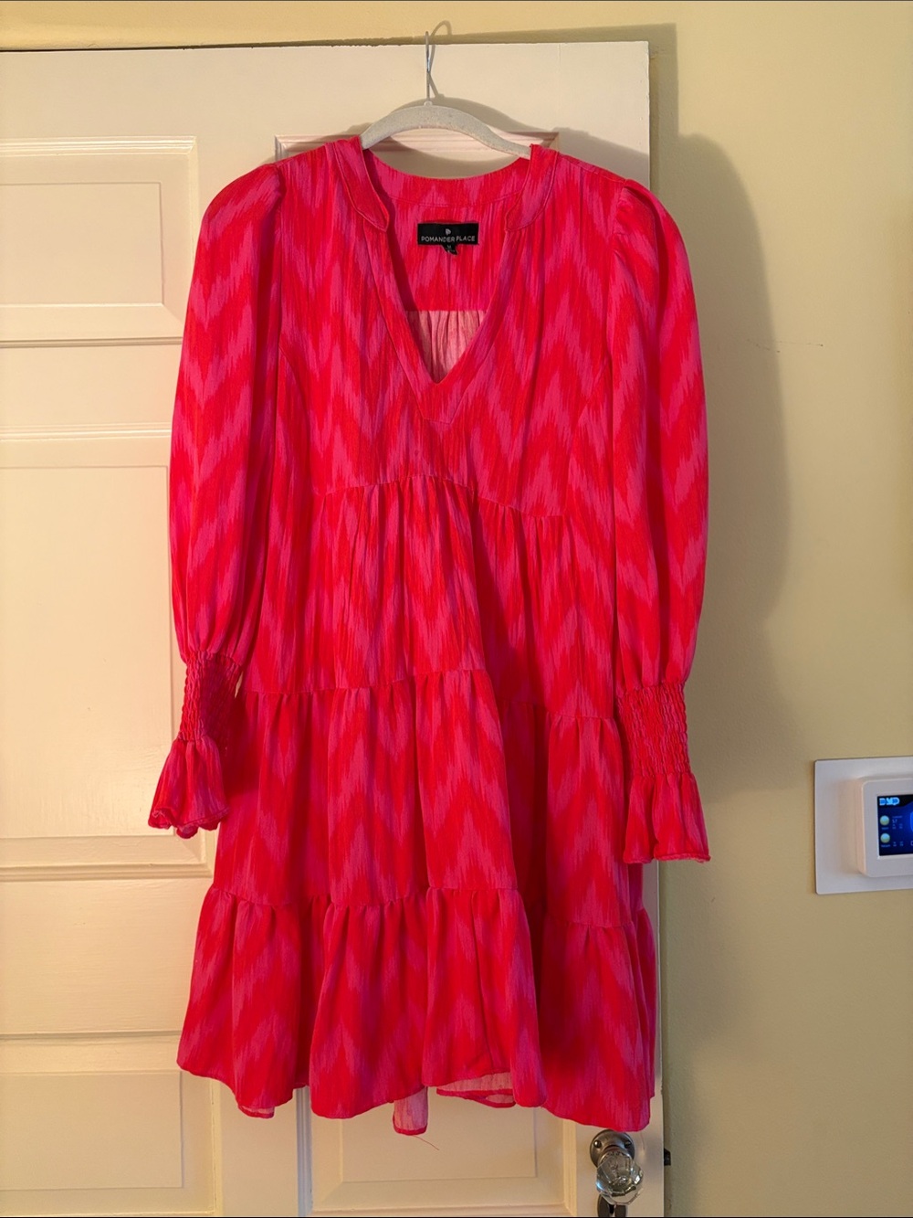 Tuckernuck Pomander Place Pink and Red Ikat Tiered Long Sleeve Dress